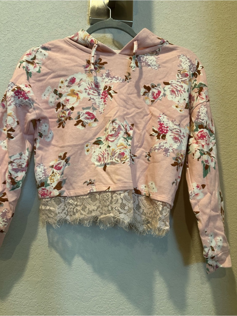 love, Fire Pink Floral Lace-Hem Hoodie